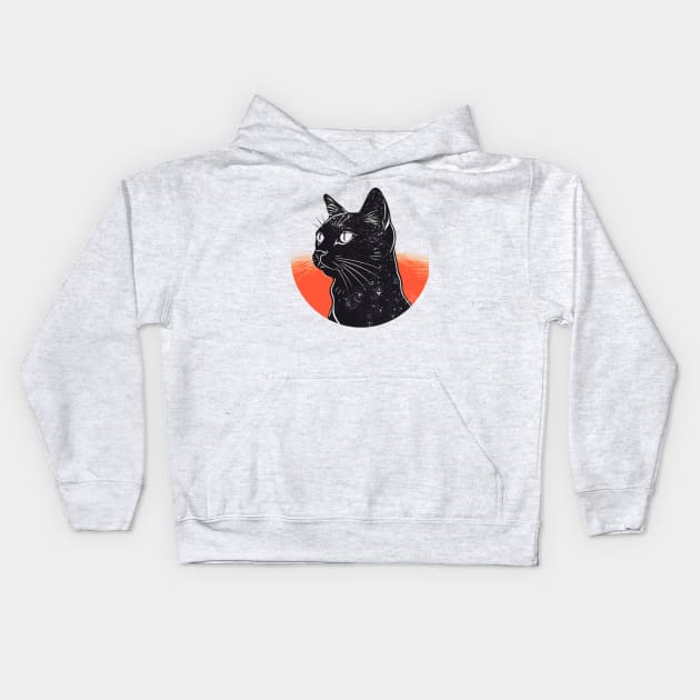 Cat's Solar Stroll: Vintage Grunge Sun & Black Cat Graphic Tee Kids Hoodie by Commodore